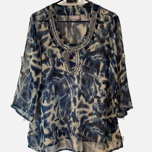 Women’s CHICIO’S Tunic Blouse Top Size 2 Polyester Semi Sheer Blue Tan Beaded
